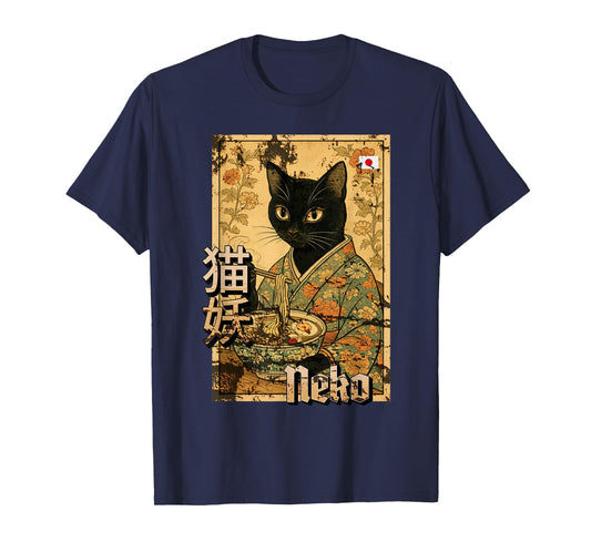 Japanese Neko Ramen Cat Retro Poster Illustration T-Shirt