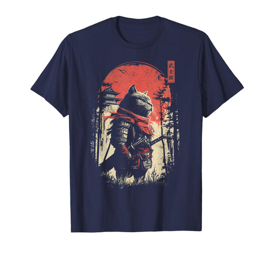 Vintage Samurai Cat Japanese Cat Art Anime Men Women T-Shirt