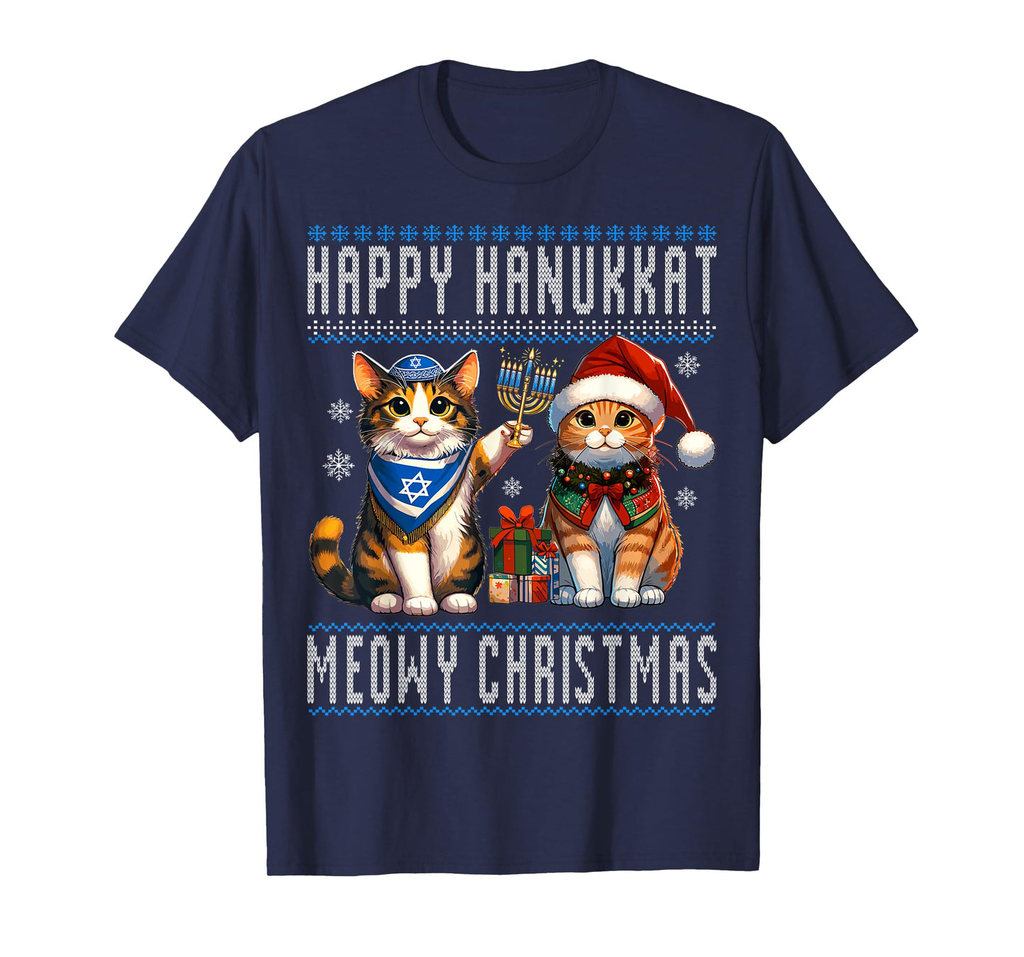 Cat Merry Christmas Happy Hanukkah Jewish Christian Men Women Kids T-Shirt