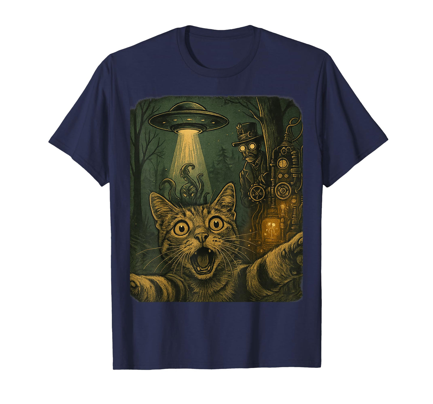 Cat Selfie UFO Steampunk Time Traveler Retro SciFi Victorian T-Shirt