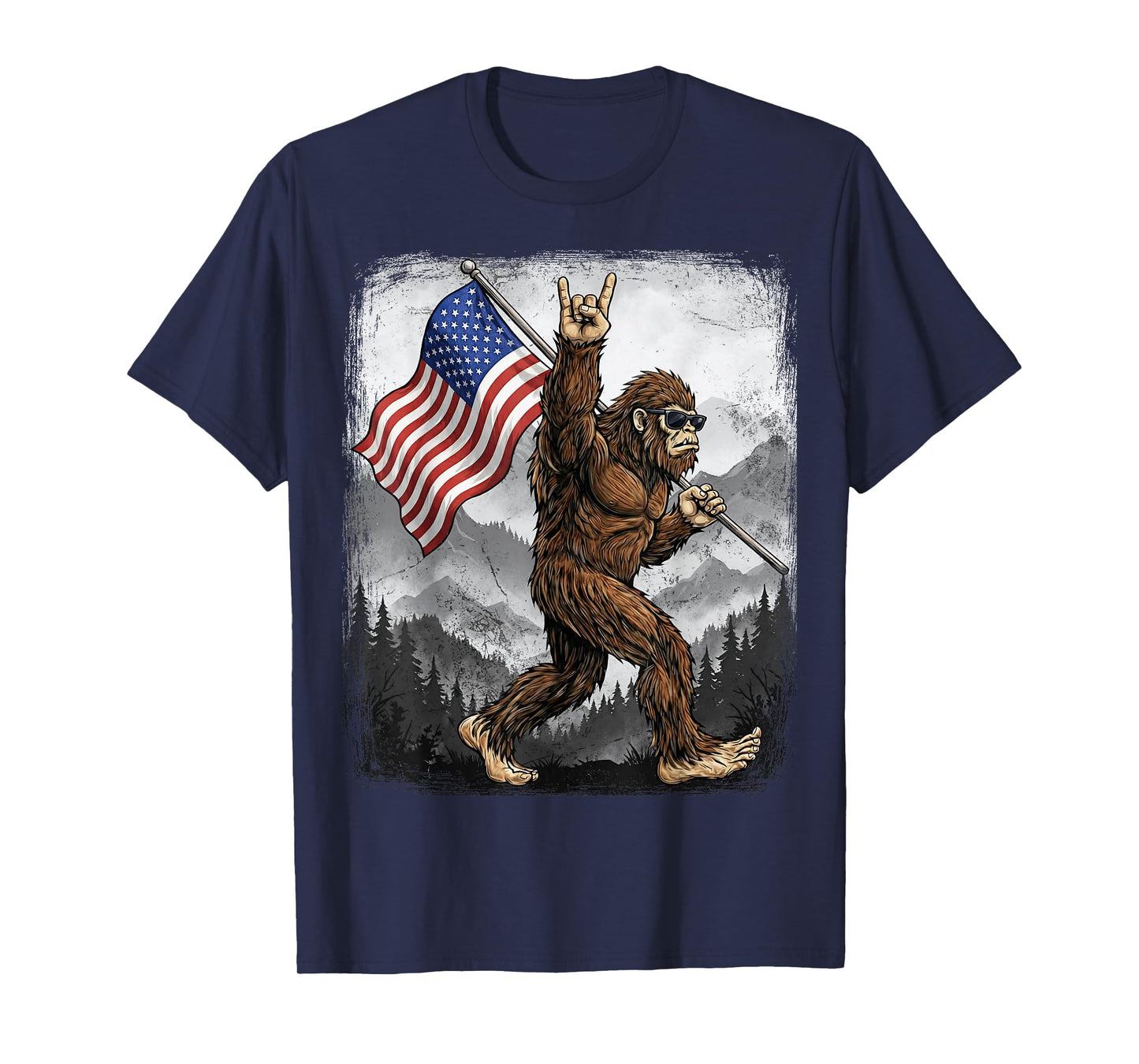 Bigfoot Rock On Hand Sign American Flag 4th of July USA T-Shirt