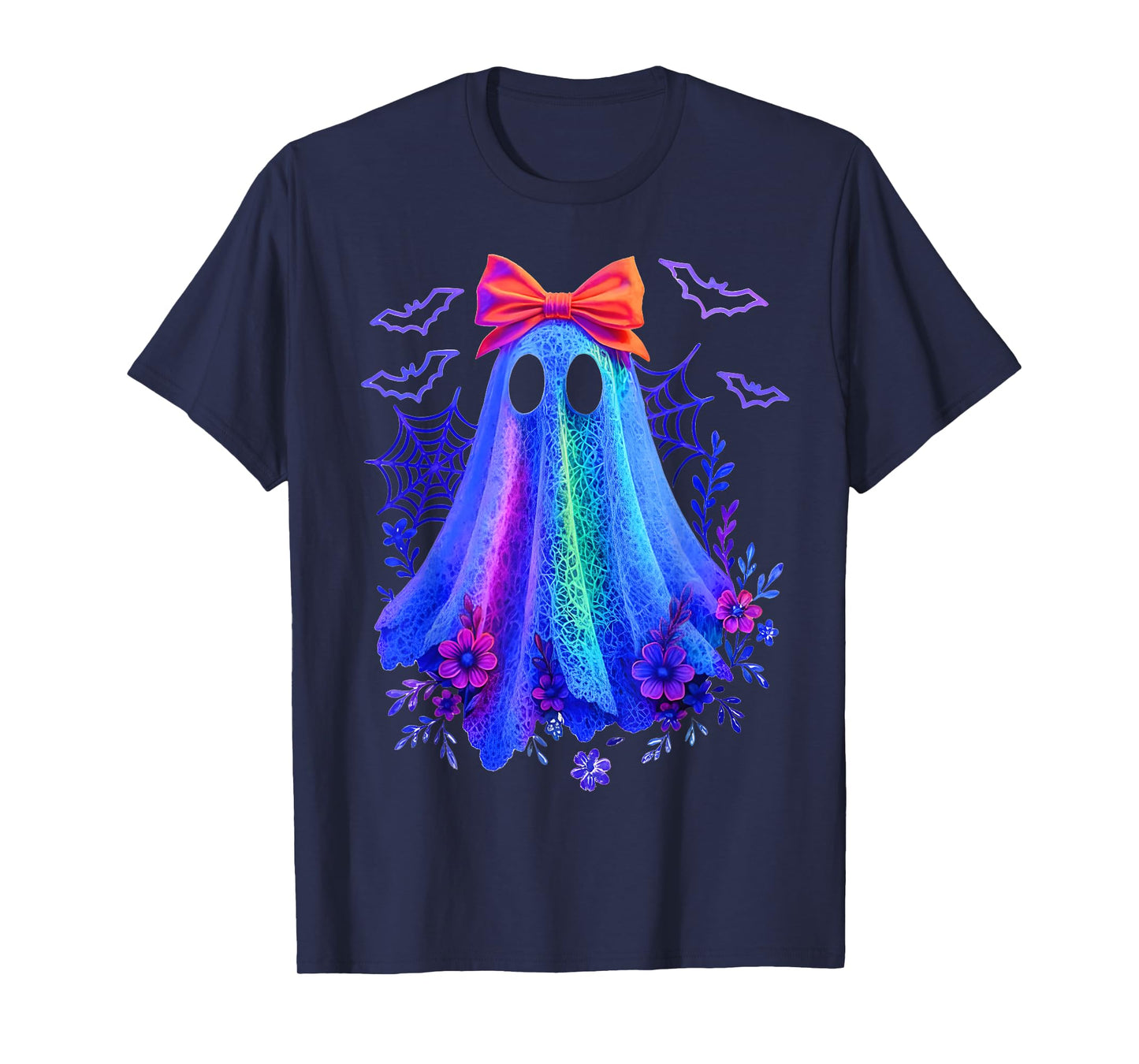Cute Boo Halloween Ghost Bow Flower Neon Ghost Halloween T-Shirt
