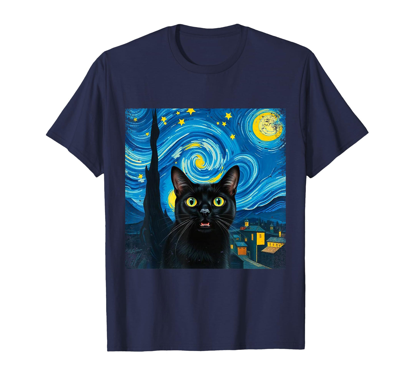 Black Cat Swirling Night Colorful Sky Starry Art Van Gogh T-Shirt