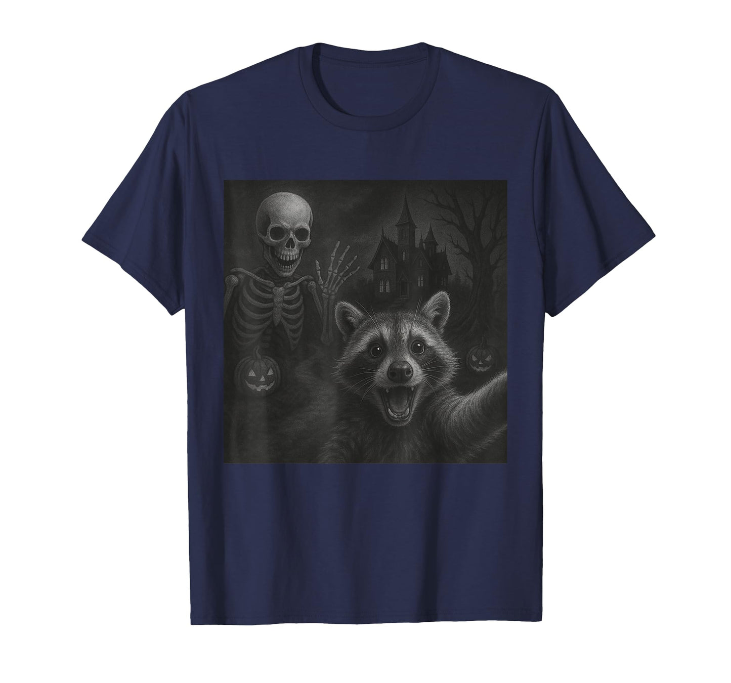 Raccoon Selfie With Skeleton Funny Raccoon Halloween Graphic T-Shirt