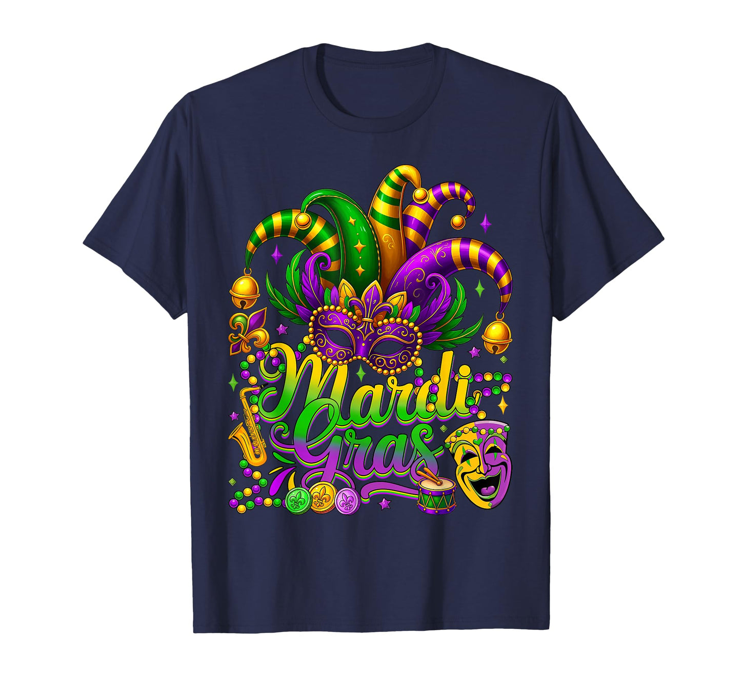 Mardi Gras Carnival Jester Hat Mask Beads Men Women Kids T-Shirt