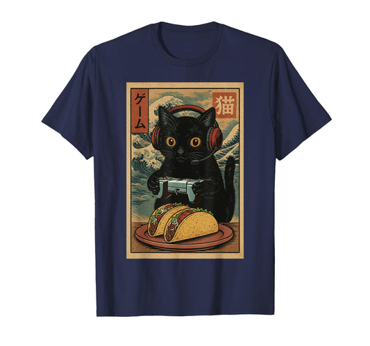 Cute Kawaii Gamer Cat Funny Taco Retro Japanese Cat Gaming T-Shirt