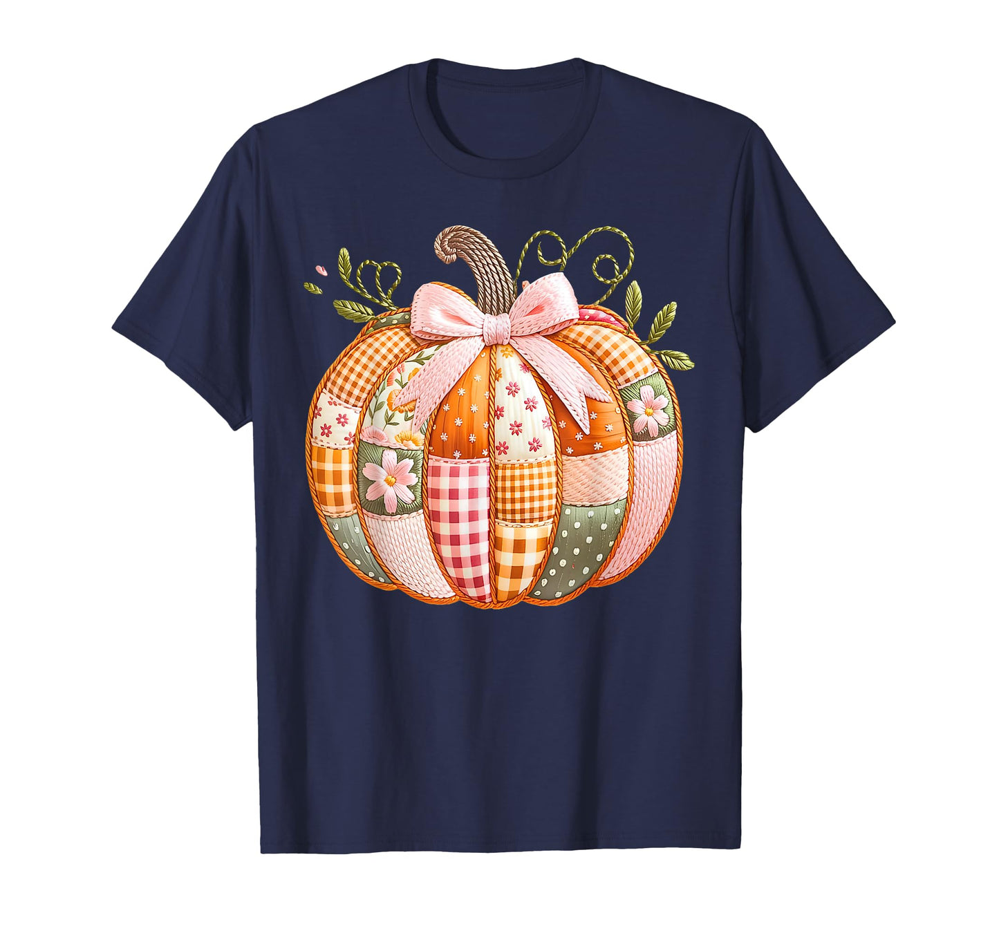 Coquette Bow Floral Patchwork Pumpkin Thanksgiving Autumn T-Shirt