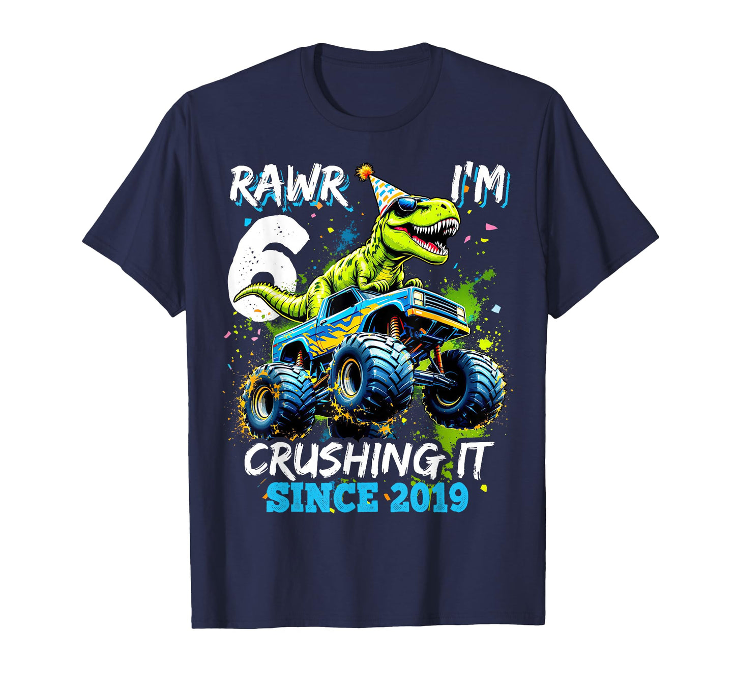 6th Birthday Monster Truck Dinosaur Party Boys Rawr I'm 6 T-Shirt