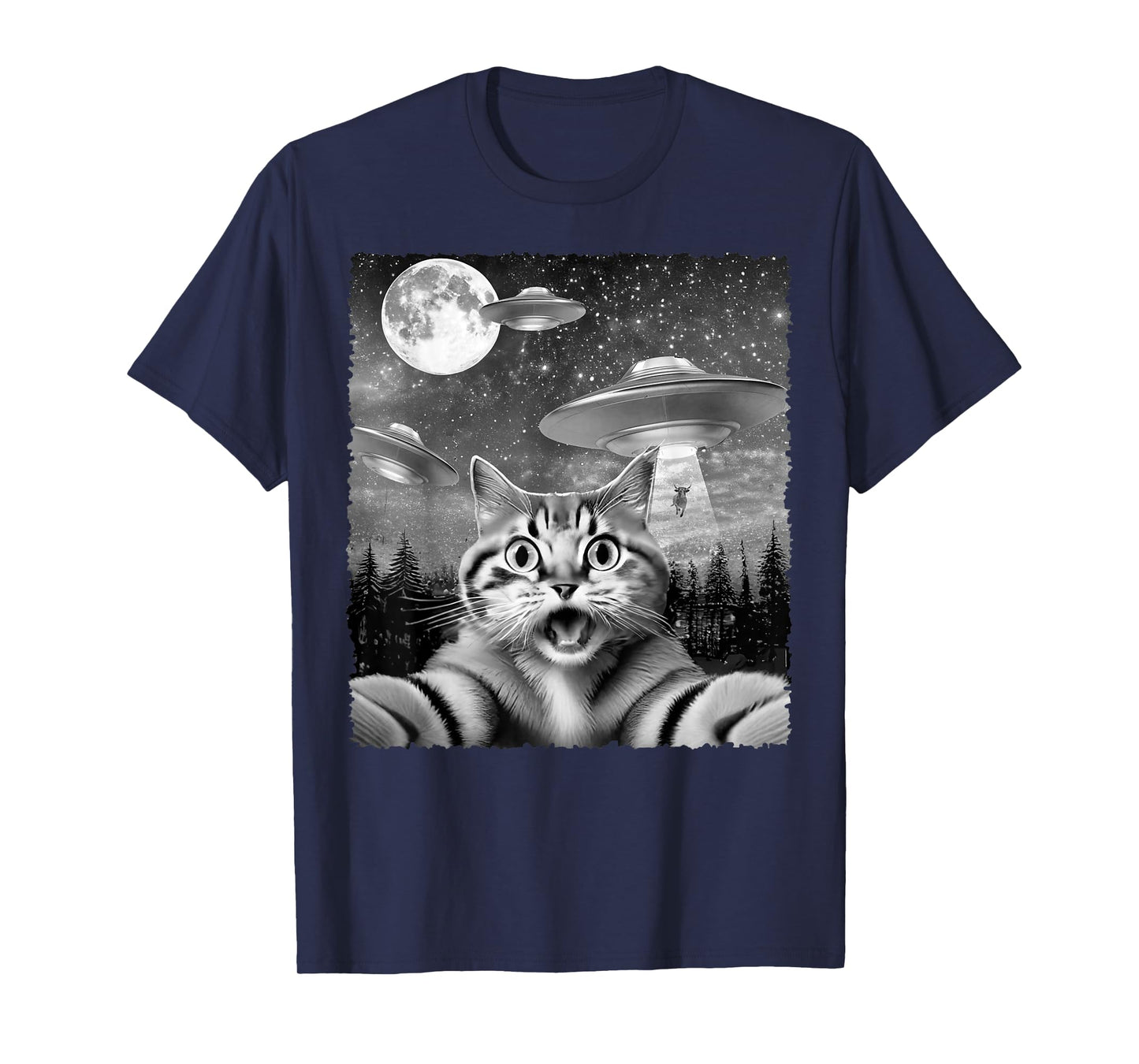 Funny Alien Cat Selfie with UFOs Gift Idea Men Women Kids T-Shirt