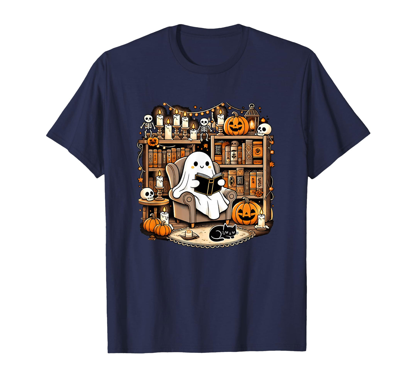 Vintage Ghost Reading Book Lovers Library Halloween Spooky T-Shirt