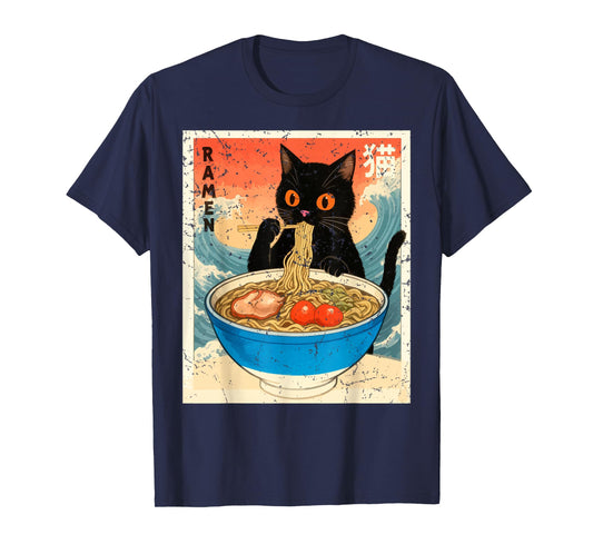 Anime Cat Eating Ramen Japanese Funny Graphic Kawaii Cat T-Shirt