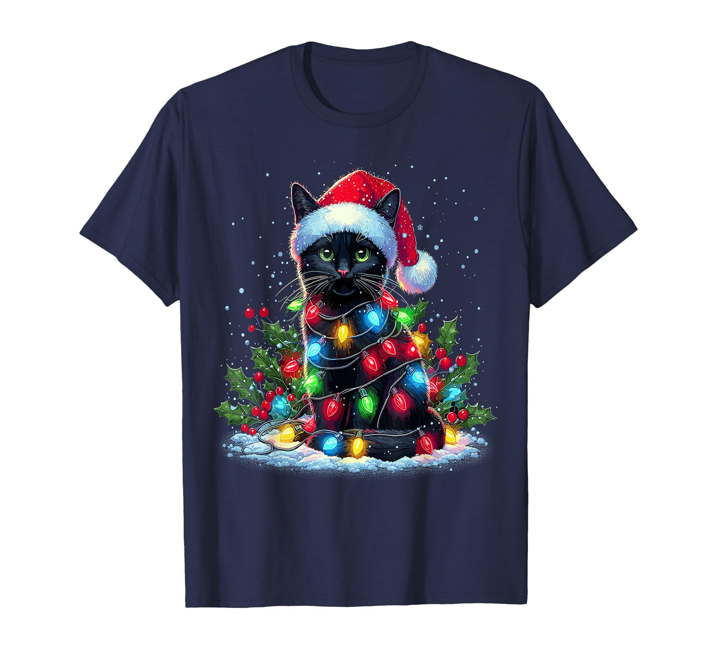 Black Cat Christmas Santa Hat Funny Meowy Cats T-Shirt