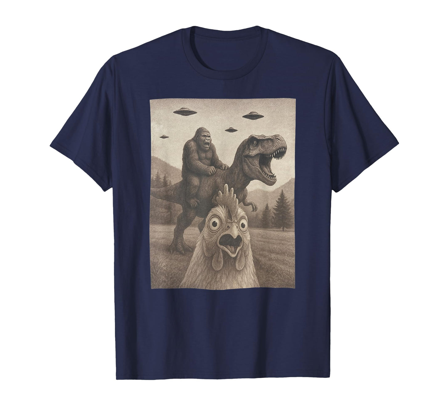Funny Chicken Shirts, Chicken Selfie Bigfoot Riding T rex T-Shirt