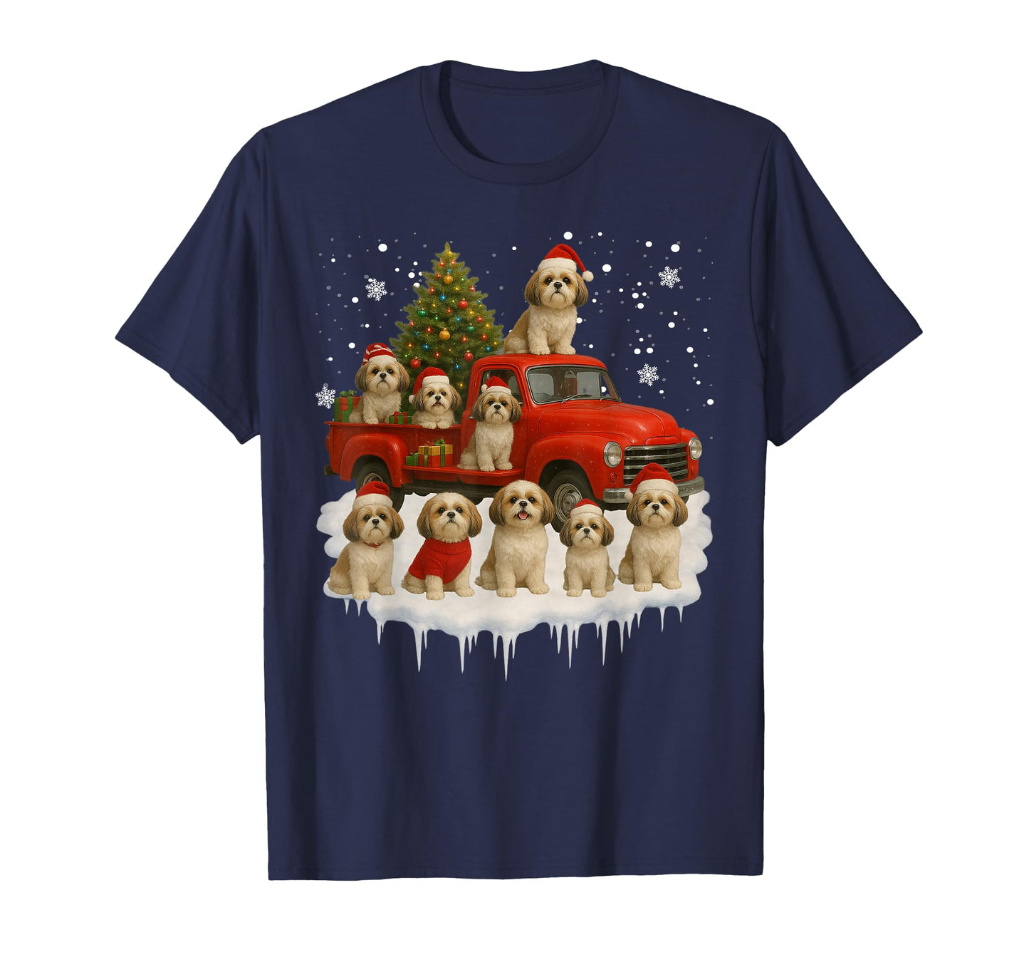 Shih Tzu Dog Red Truck Christmas Tree Santa Ugly Xmas T-Shirt