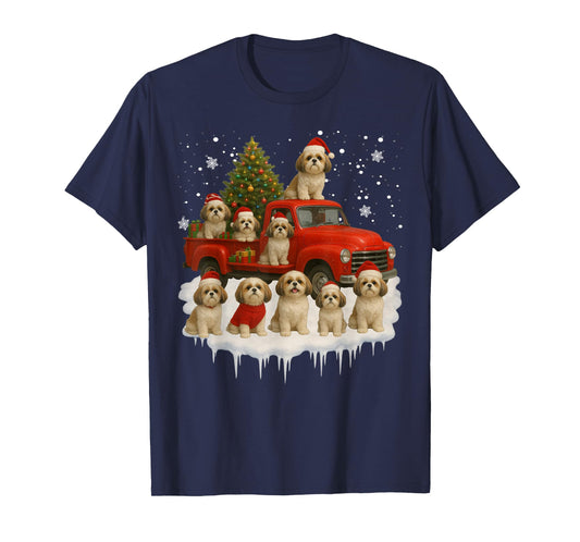 Shih Tzu Dog Red Truck Christmas Tree Santa Ugly Xmas T-Shirt