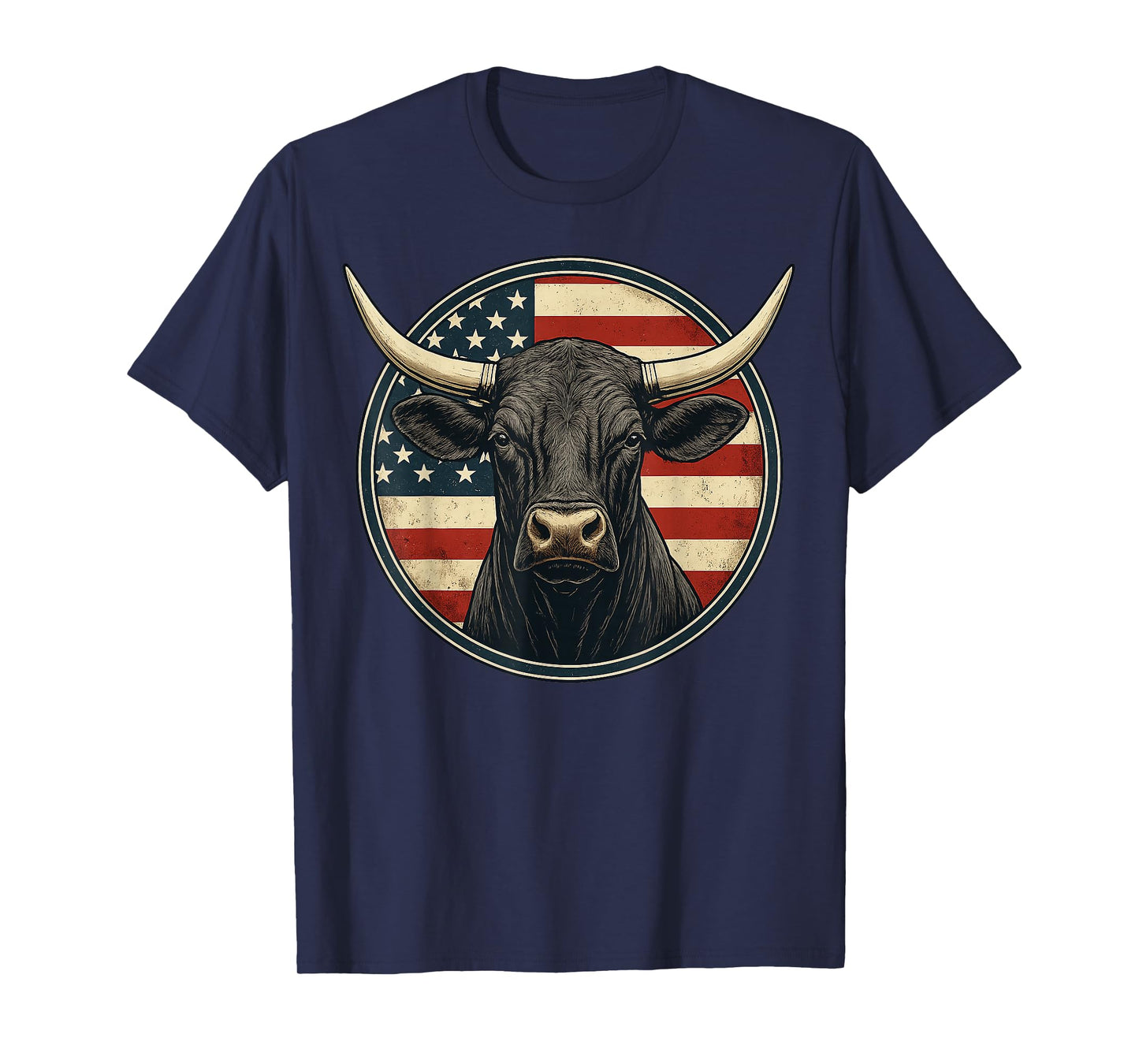 Cowboy Rodeo Bull Distressed American Flag Western T-Shirt