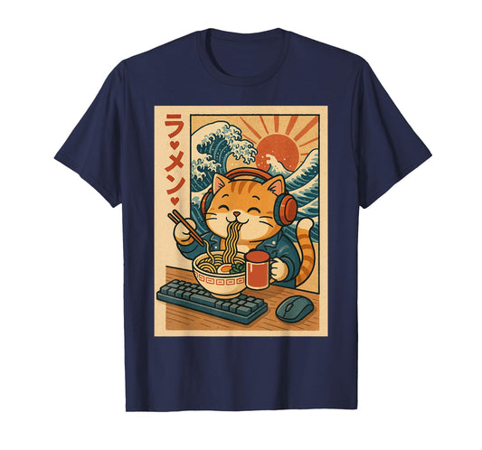 Kawaii Gamer Cat Eating Ramen Retro Japanese Style Noodle T-Shirt