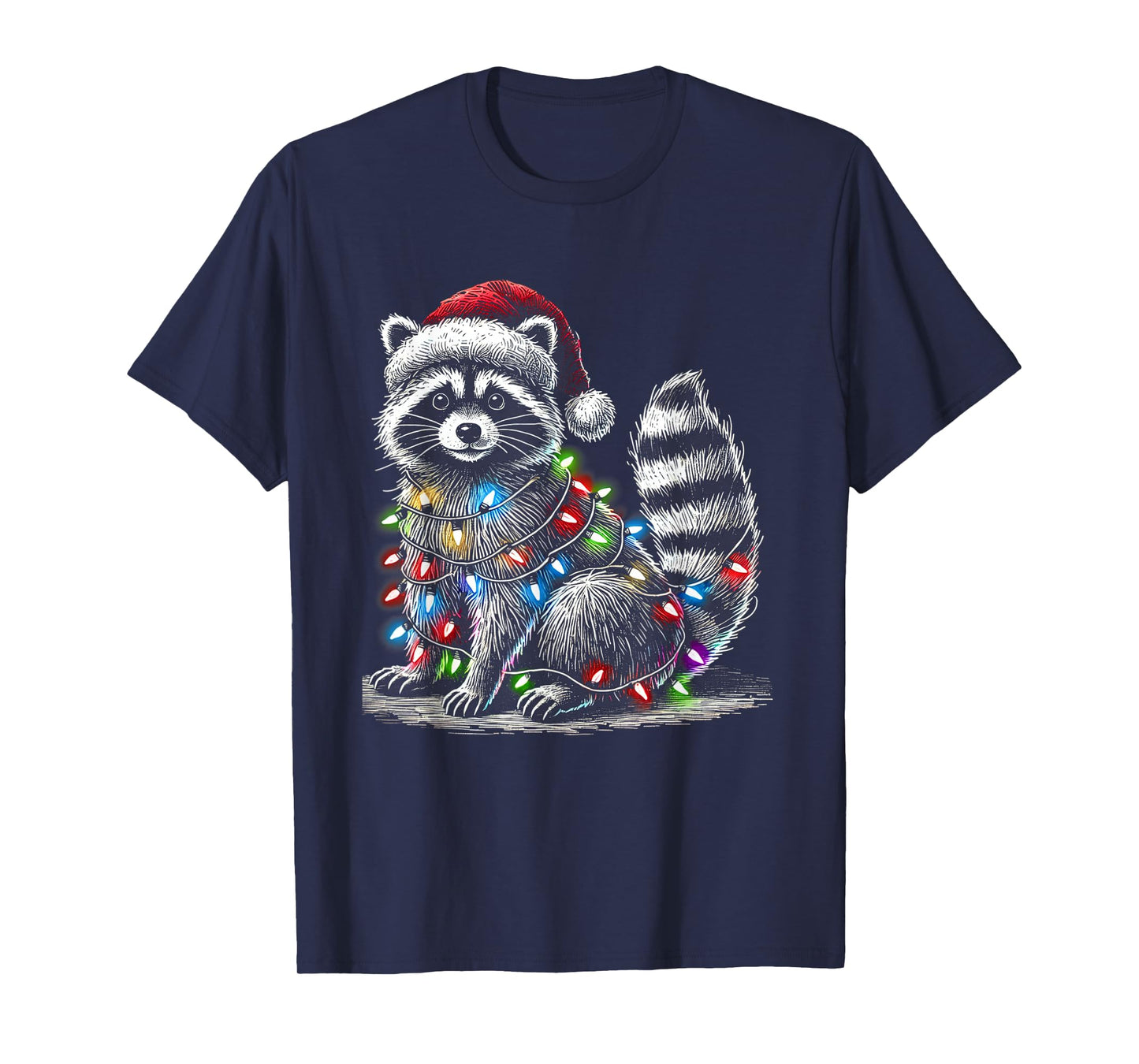 Funny Raccoon Santa Hat Christmas Tree Lights Pajama T-Shirt
