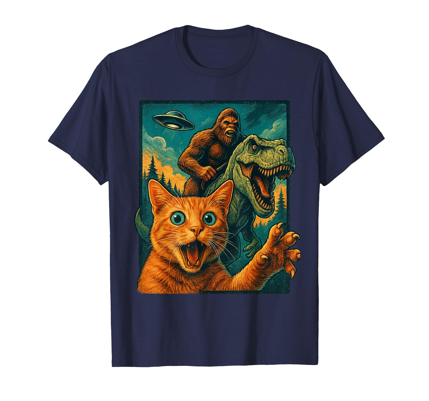 Funny Surprised Cat Selfie Ape Dinosaur Vintage Fantasy T-Shirt