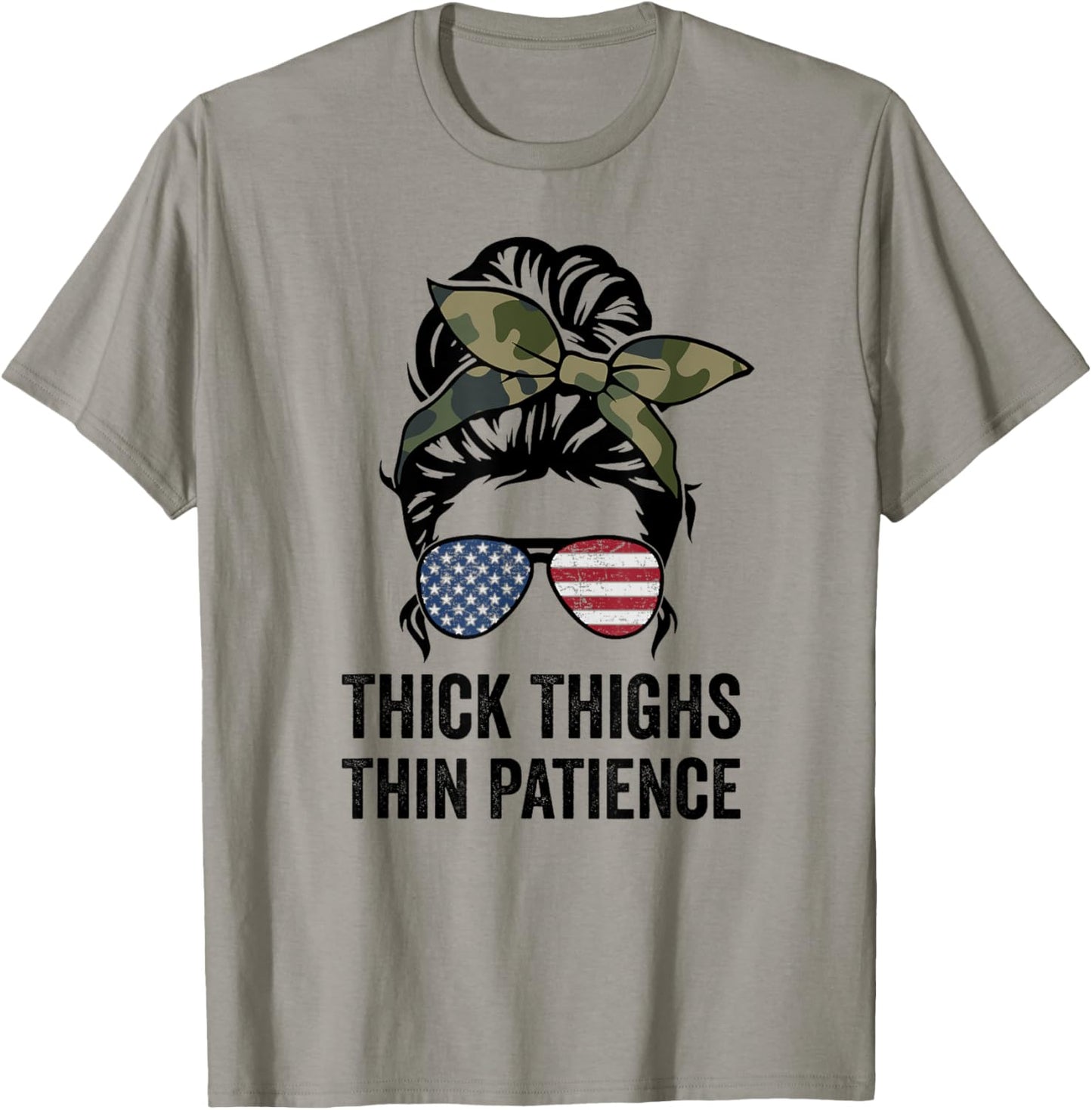 Thick Thighs Thin Patience, Fitness Messy Bun Ladies Workout T-Shirt - T-Shirt | Sand