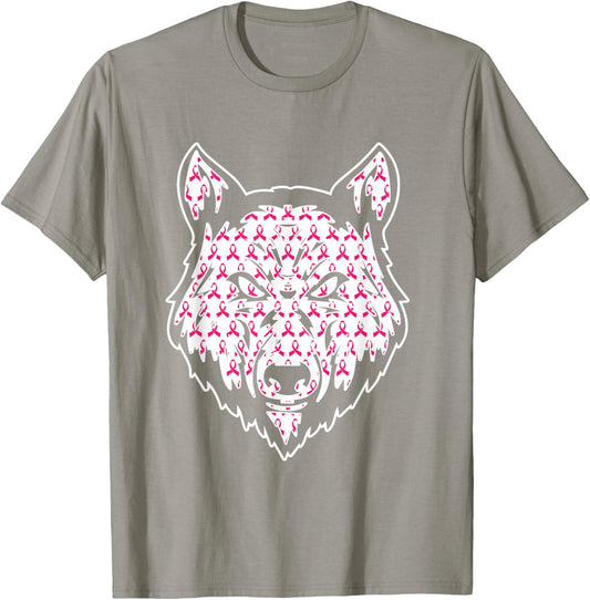 Wolf Pink Ribbon Breast Cancer Awareness Cute Animal Warrior T-Shirt - T-Shirt | Sand
