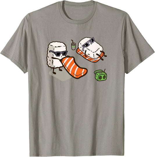 Funny Sushi Sunbathing on the Beach | Kawaii Salmon Sushi Women Girls Kids T-Shirt - T-Shirt | Sand