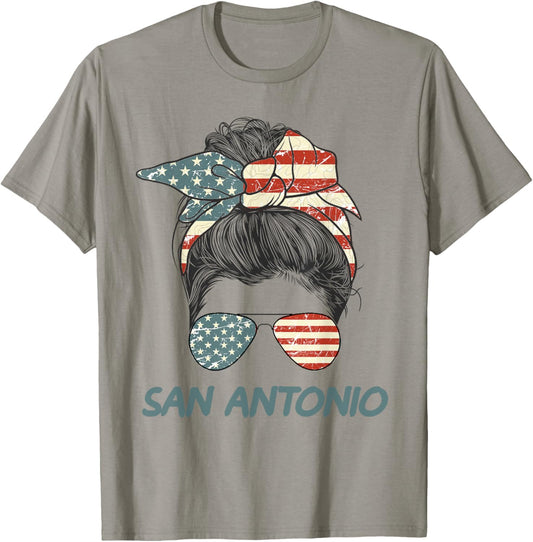 San Antonio Girl Messy bun, Texas Pride Patriotic USA flag T-Shirt - T-Shirt | Sand