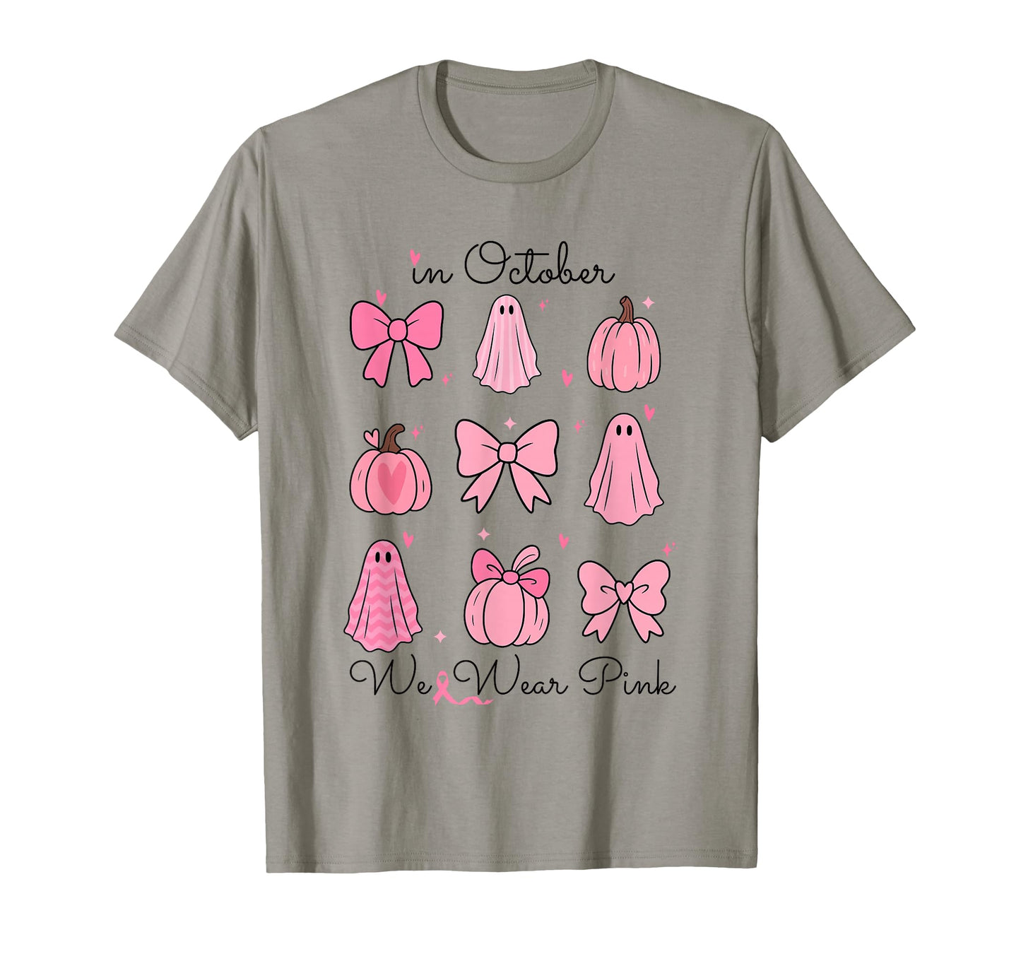 in October We Wear Pink Pumpkin Bows Ghost Breast Cancer T-Shirt