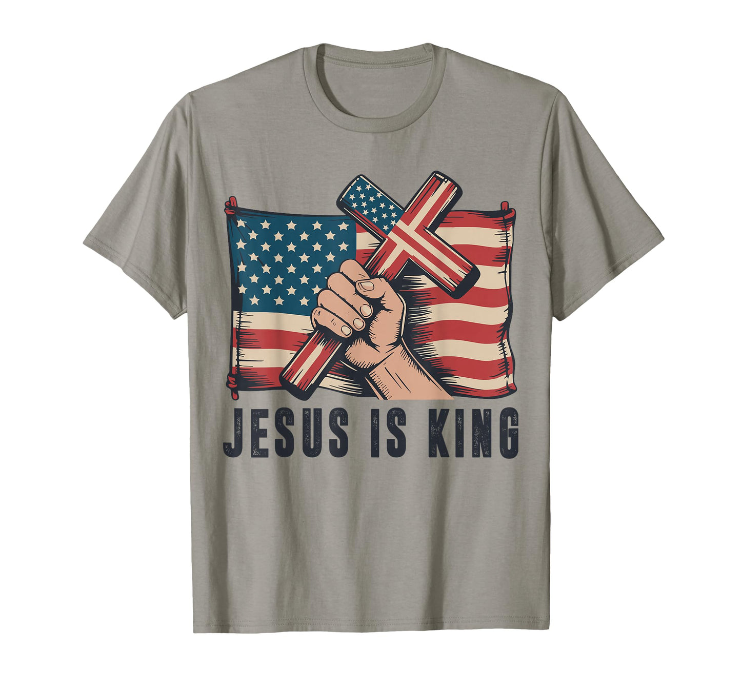 Mens Jesus is King Christian Patriotic Cross American Flag T-Shirt