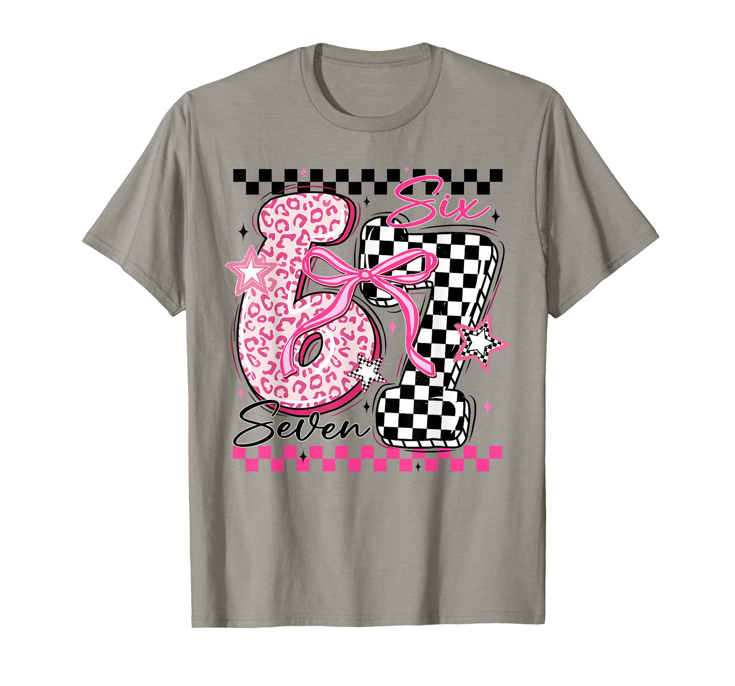 Six Seven 6 7 Leopard Checkered 67 Meme Teacher Women Girls T-Shirt