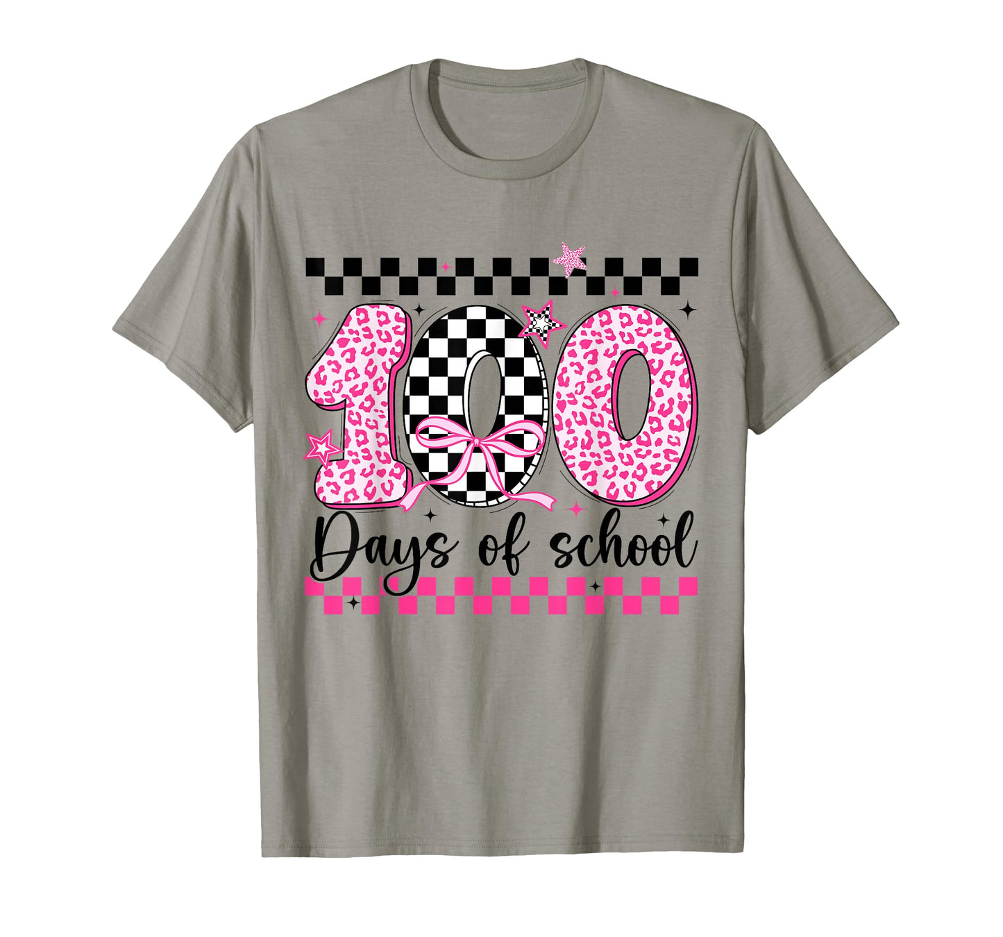 Funny 100 Days of School Coquette Bow Pink Leopard Checkered T-Shirt