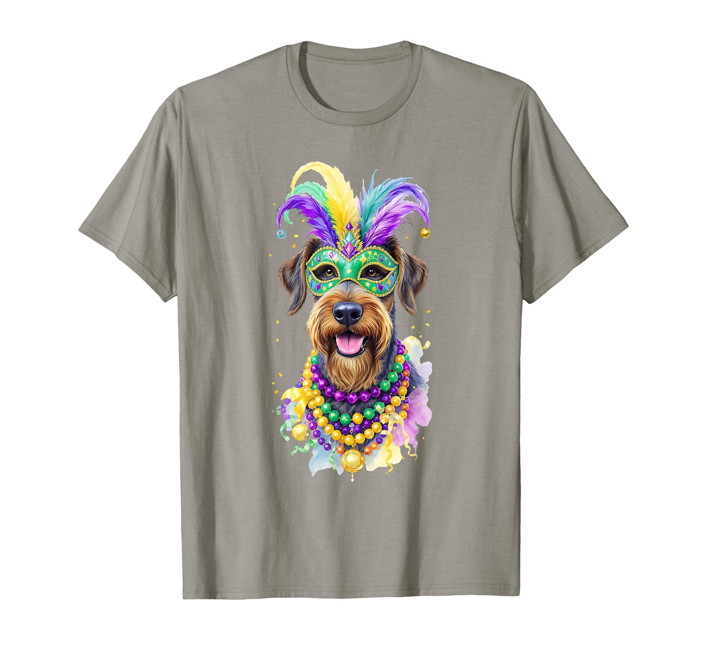 Mardi Gras Airedale Terrier Dog Carnival Mask Beads Art T-Shirt