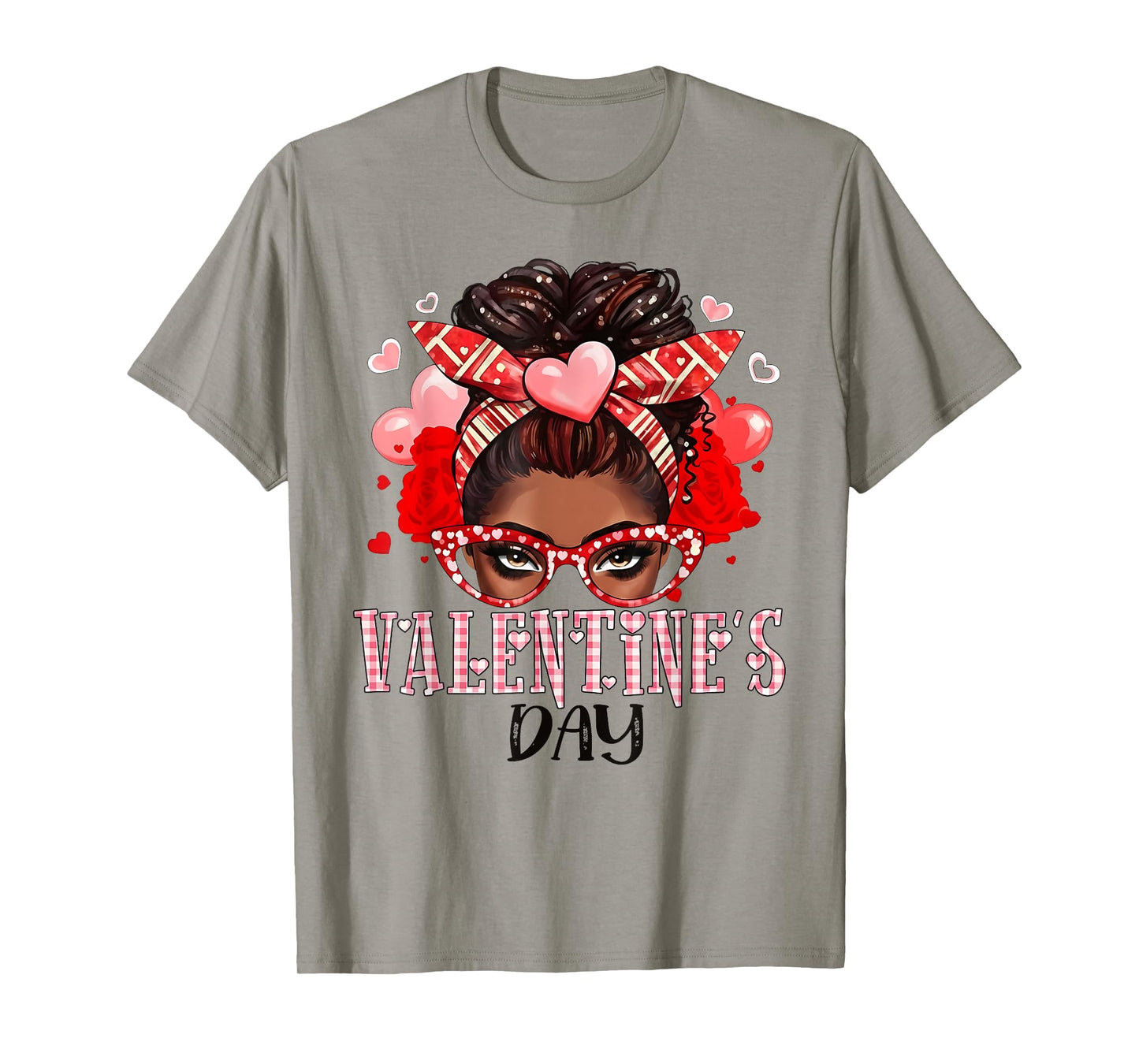 Happy Valentine's Day Messy Bun African American Girls Women T-Shirt