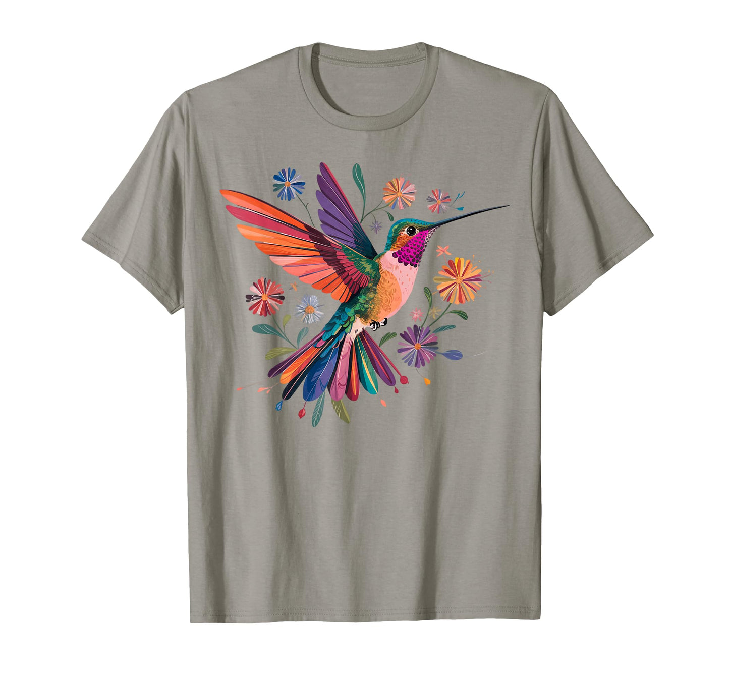 Colorful Hummingbird Wildflowers Botanical Bird Illustration T-Shirt