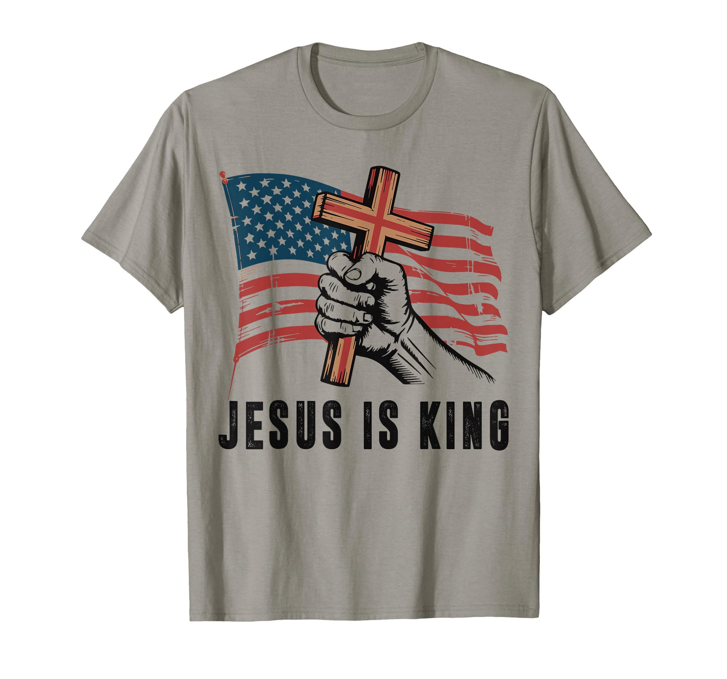 Mens Jesus is King American Flag Christian Patriotic Cross T-Shirt