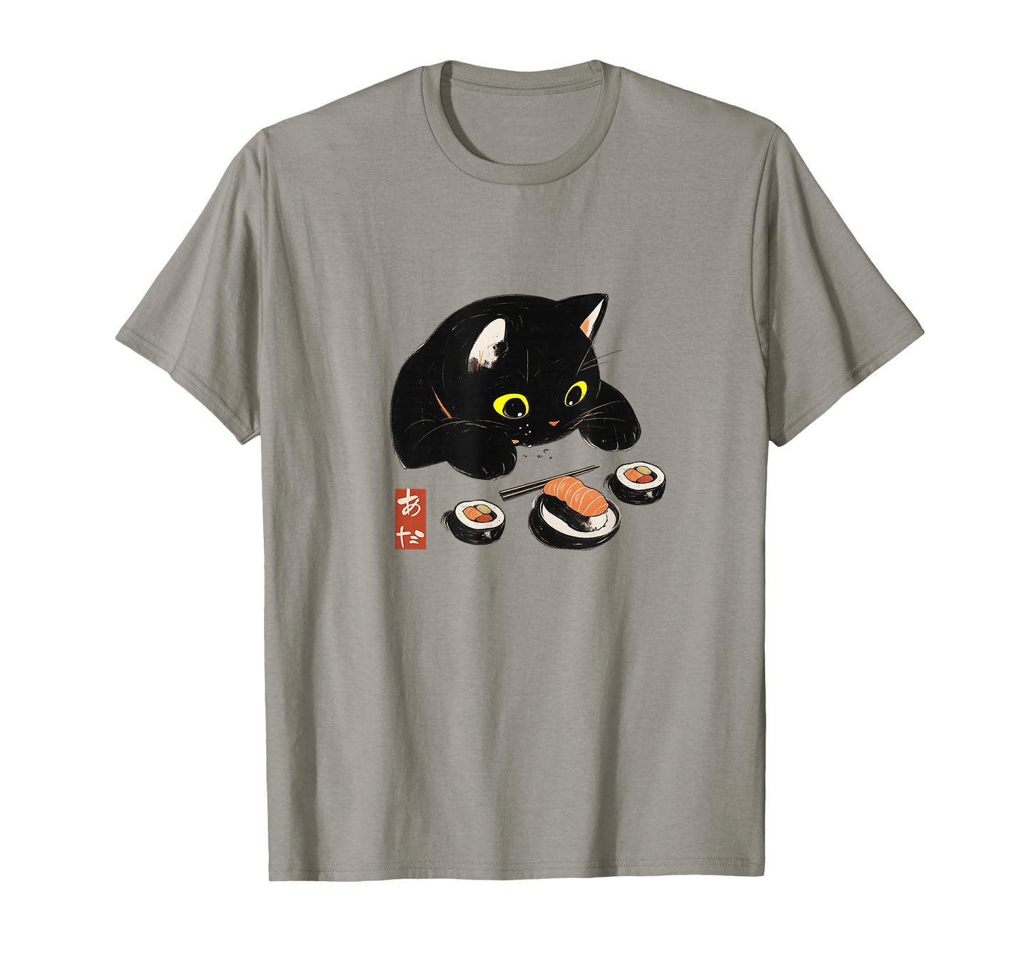 Kawaii Cat Eating Sushi Funny Japanese Anime Cute Black Cat T-Shirt