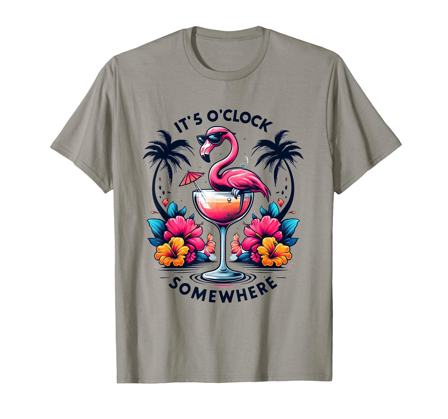 It's 5 O'Clock Somewhere Flamingo Beach Vacation Drinking T-Shirt for Men Women