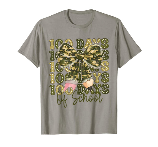 100 Days of School Western Camo Coquette Bow Pencil T-Shirt