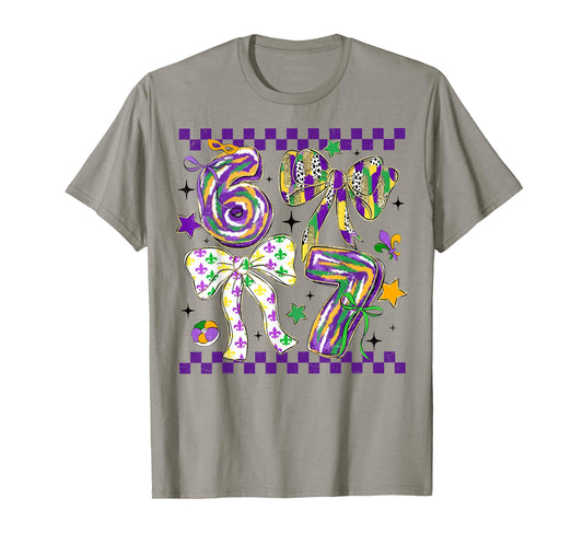Mardi Gras Six Seven Bow Jester Beads 6 7 Meme Girls Kids T-Shirt
