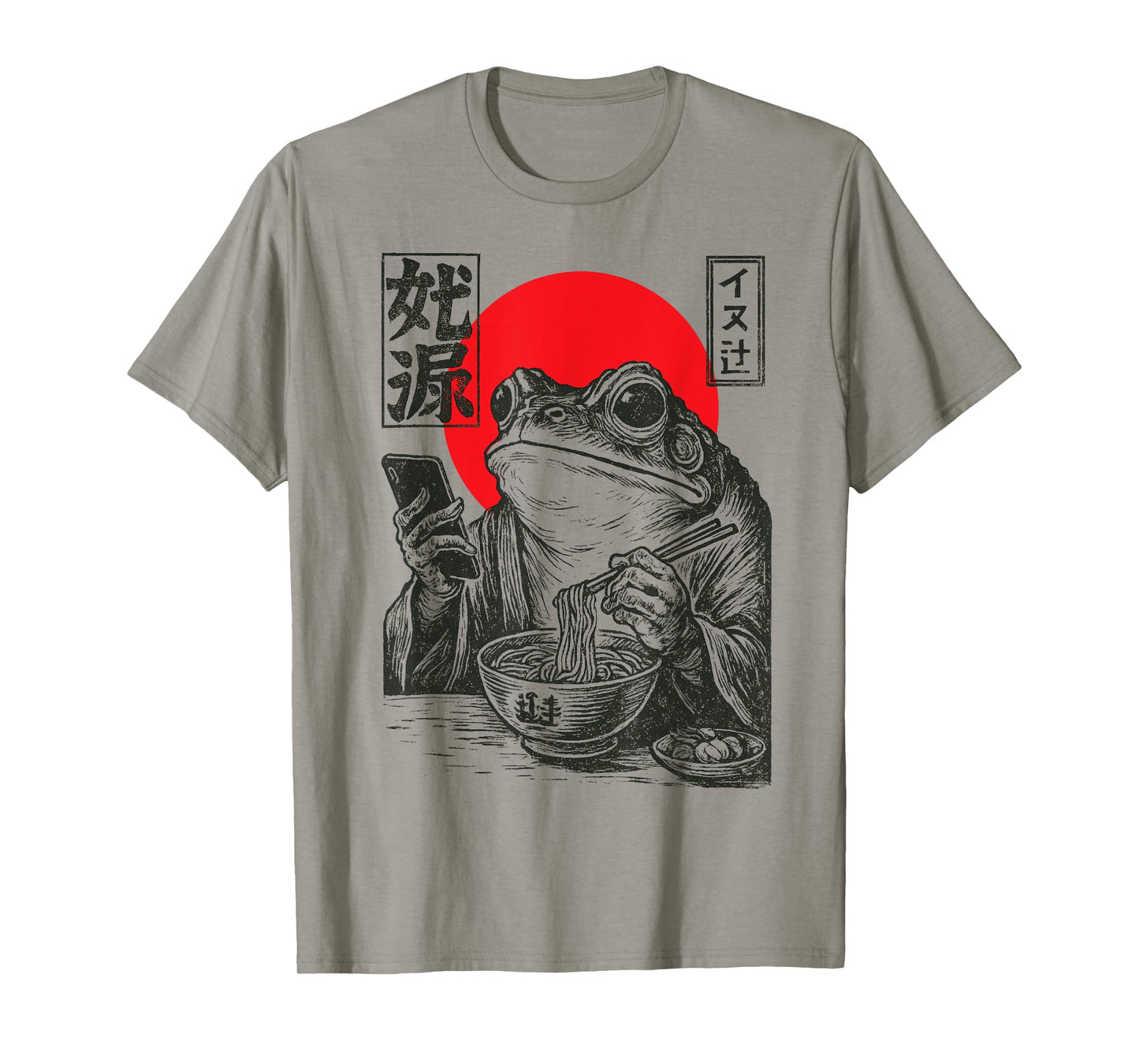 Funny Grumpy Frog Eat Ramen and Scroll Phone Japanese Art T-Shirt
