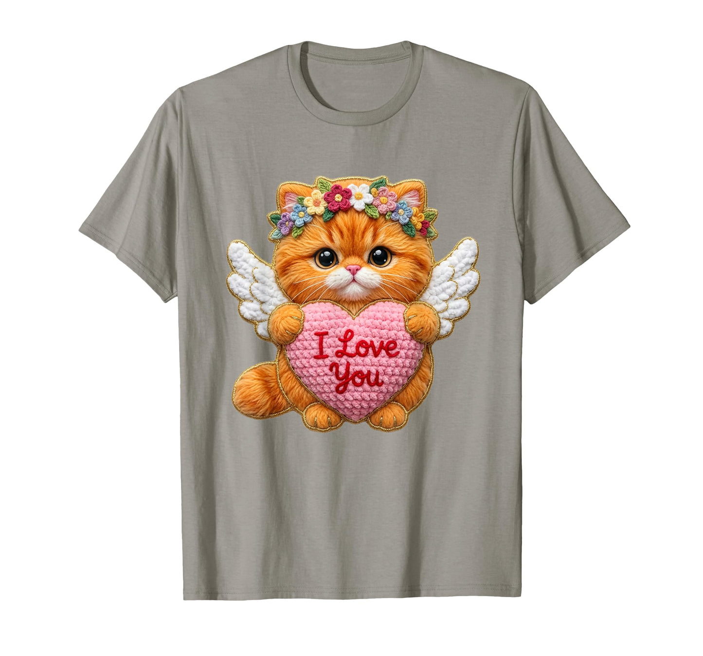 Valentine Cat Heart Design Cute Yarn-Look Angel Kitten Art T-Shirt