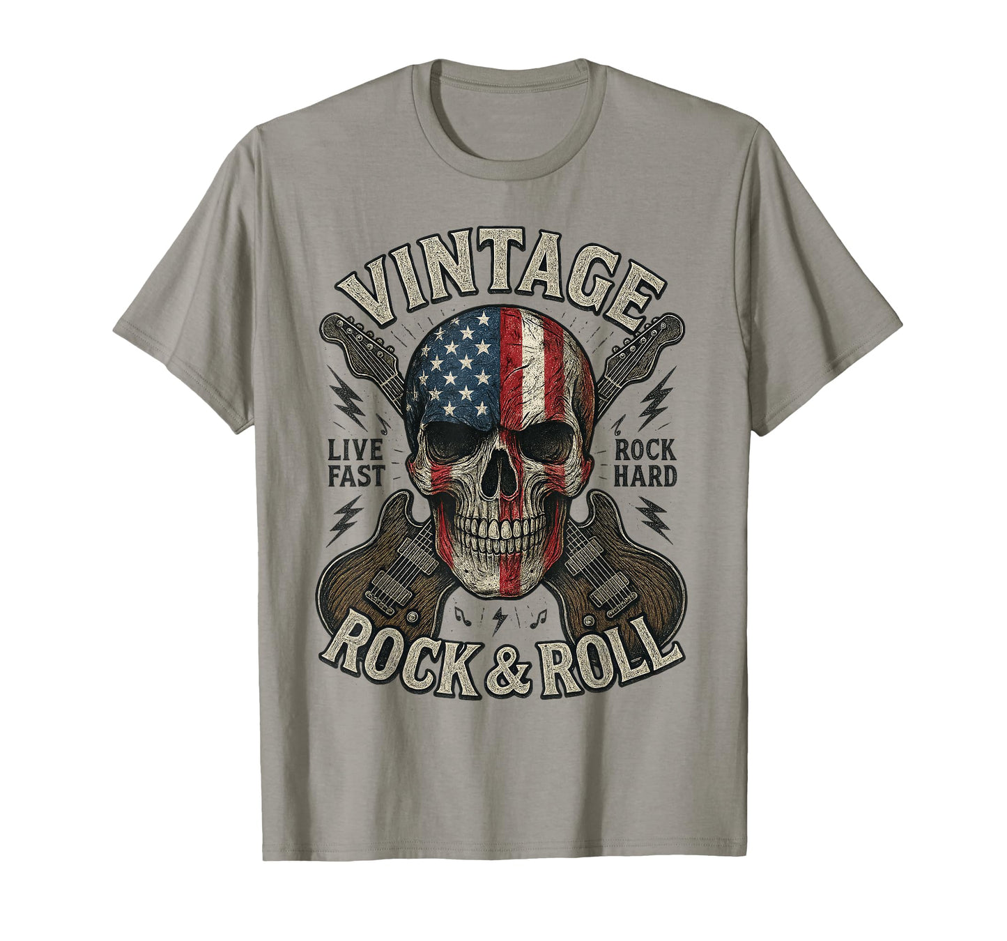 Vintage Rock Skull American Flag Guitar Retro Rock and Roll T-Shirt