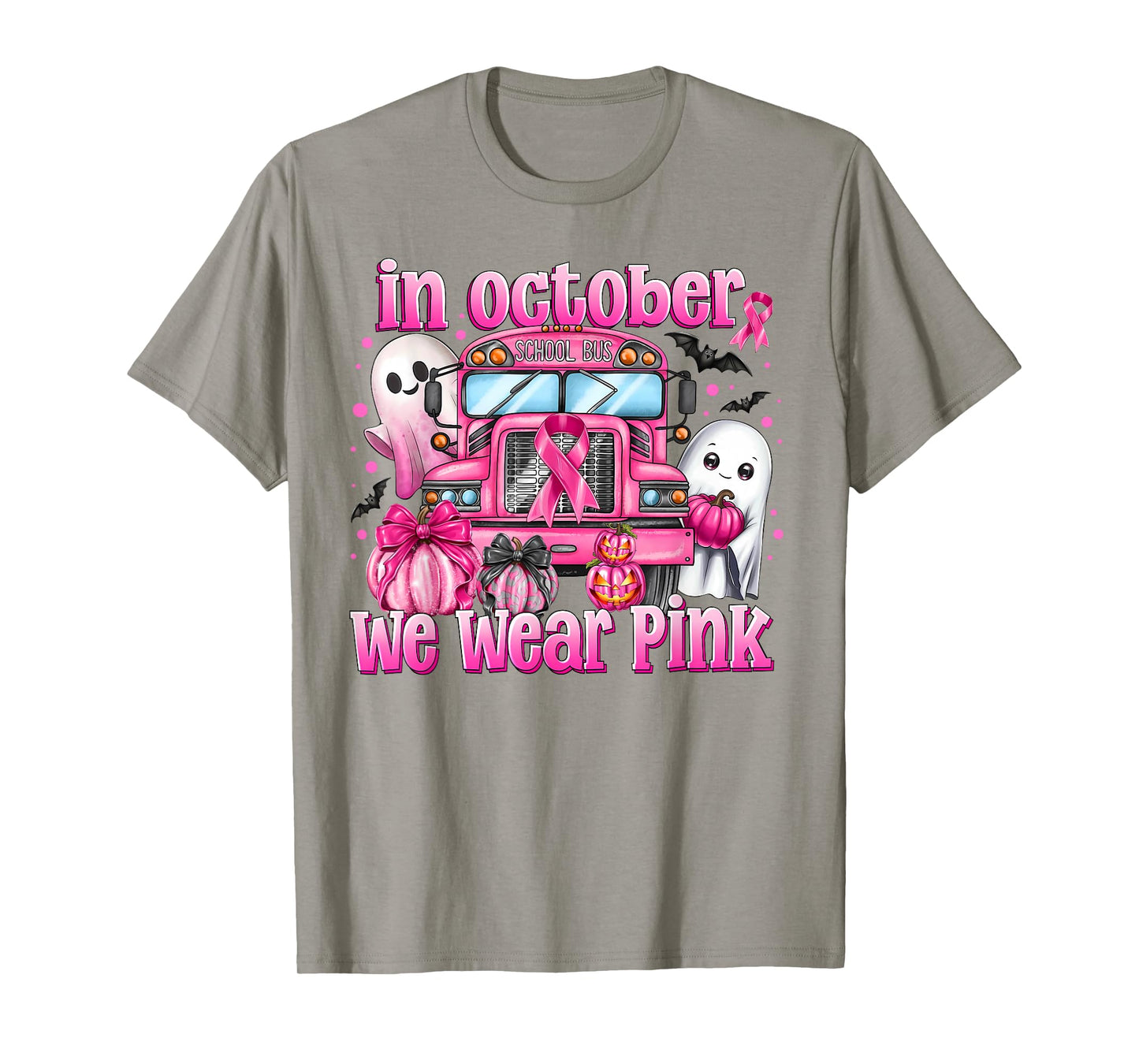 in October We Wear Pink School Bus Breast Cancer Awareness T-Shirt