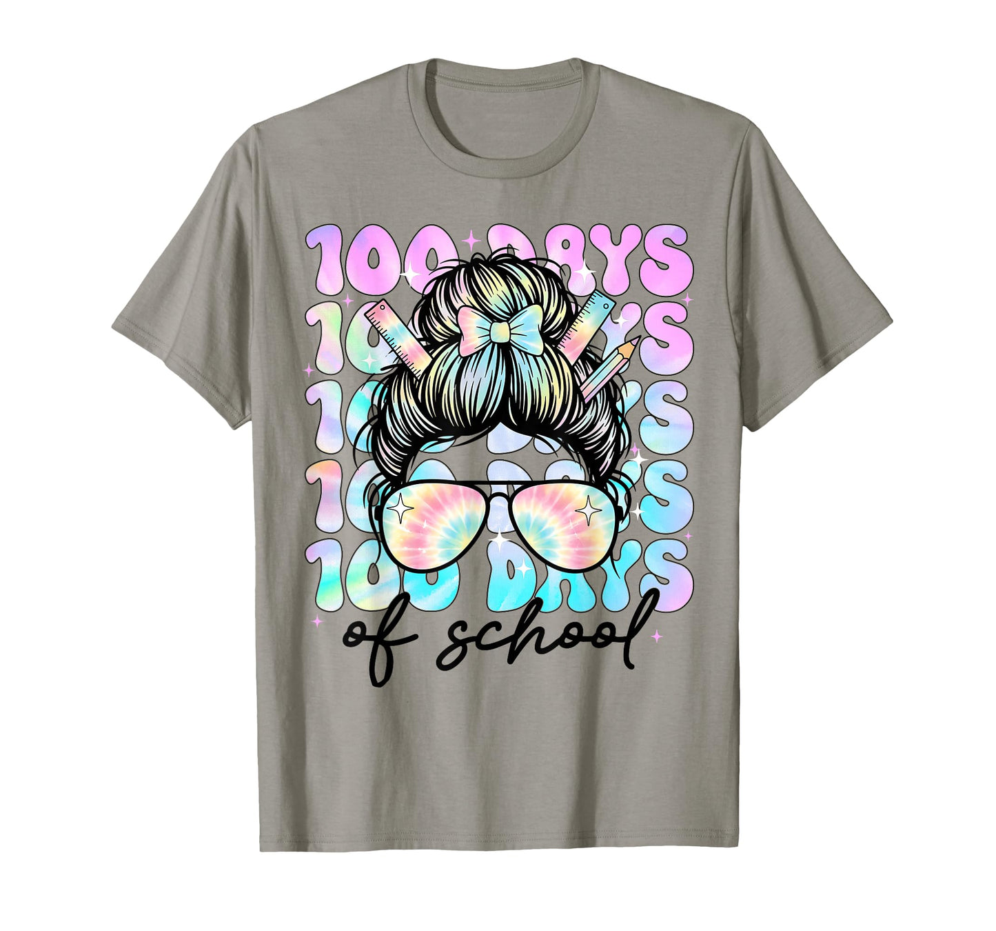 100 Days of School Girls Women 100th Day of School Messy Bun T-Shirt
