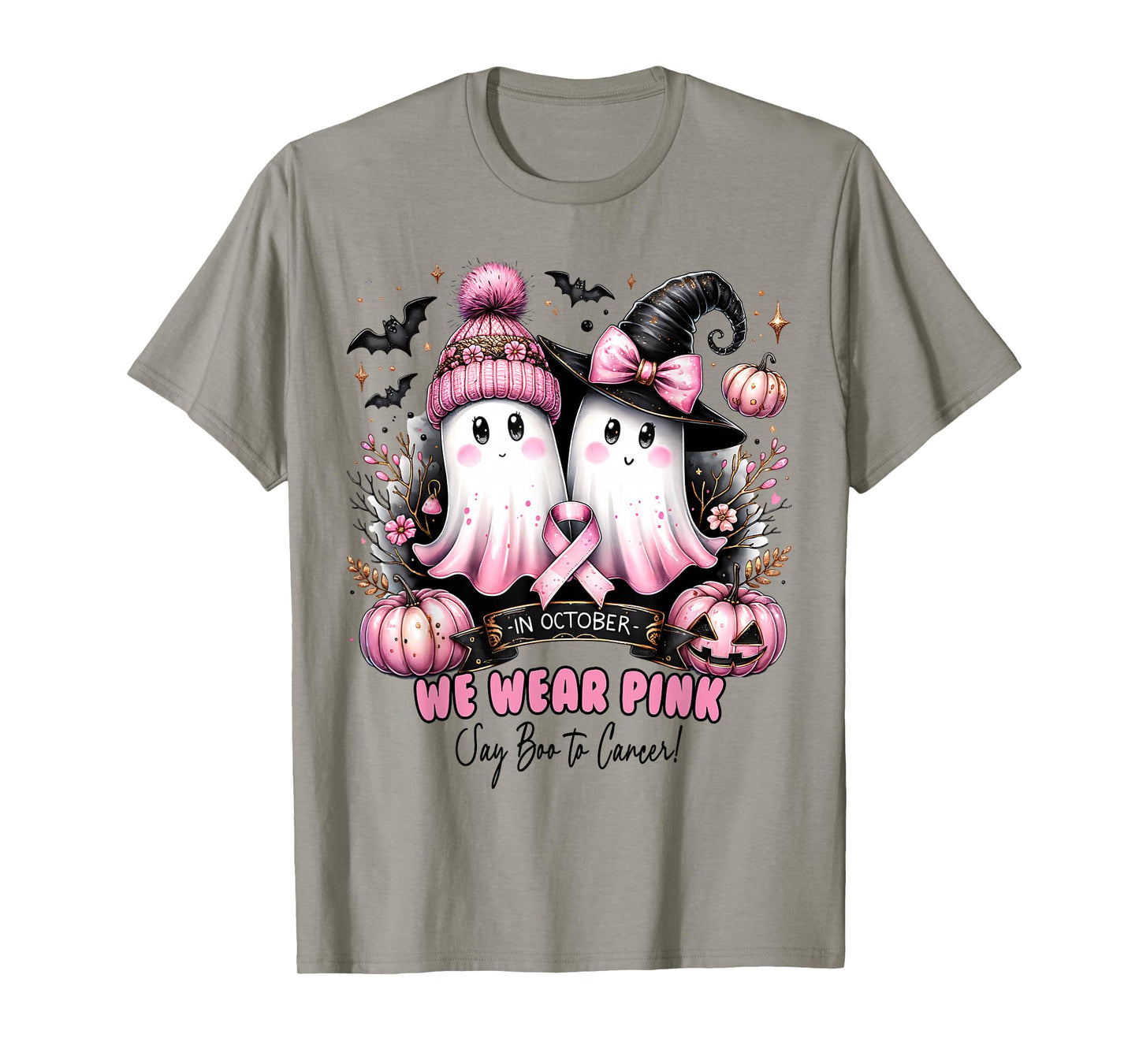 in October We Wear Pink Ghost Witch Breast Cancer Awareness T-Shirt