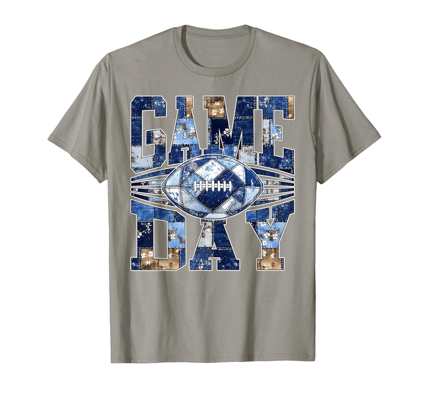 Patchwork Blue Denim Game Day Football Touchdown Season T-Shirt