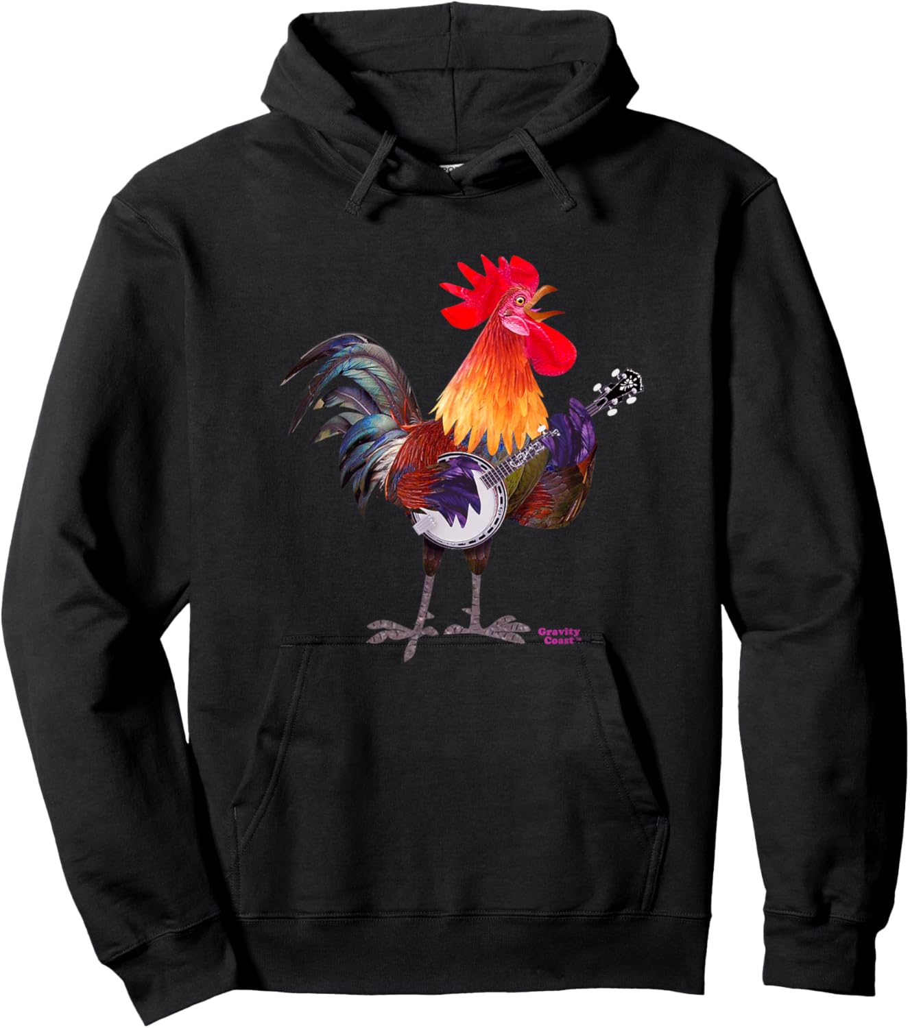Rooster Playing Banjo on Fleck For Bluegrass Fans Musicians Hoodie - Hoodie | Black
