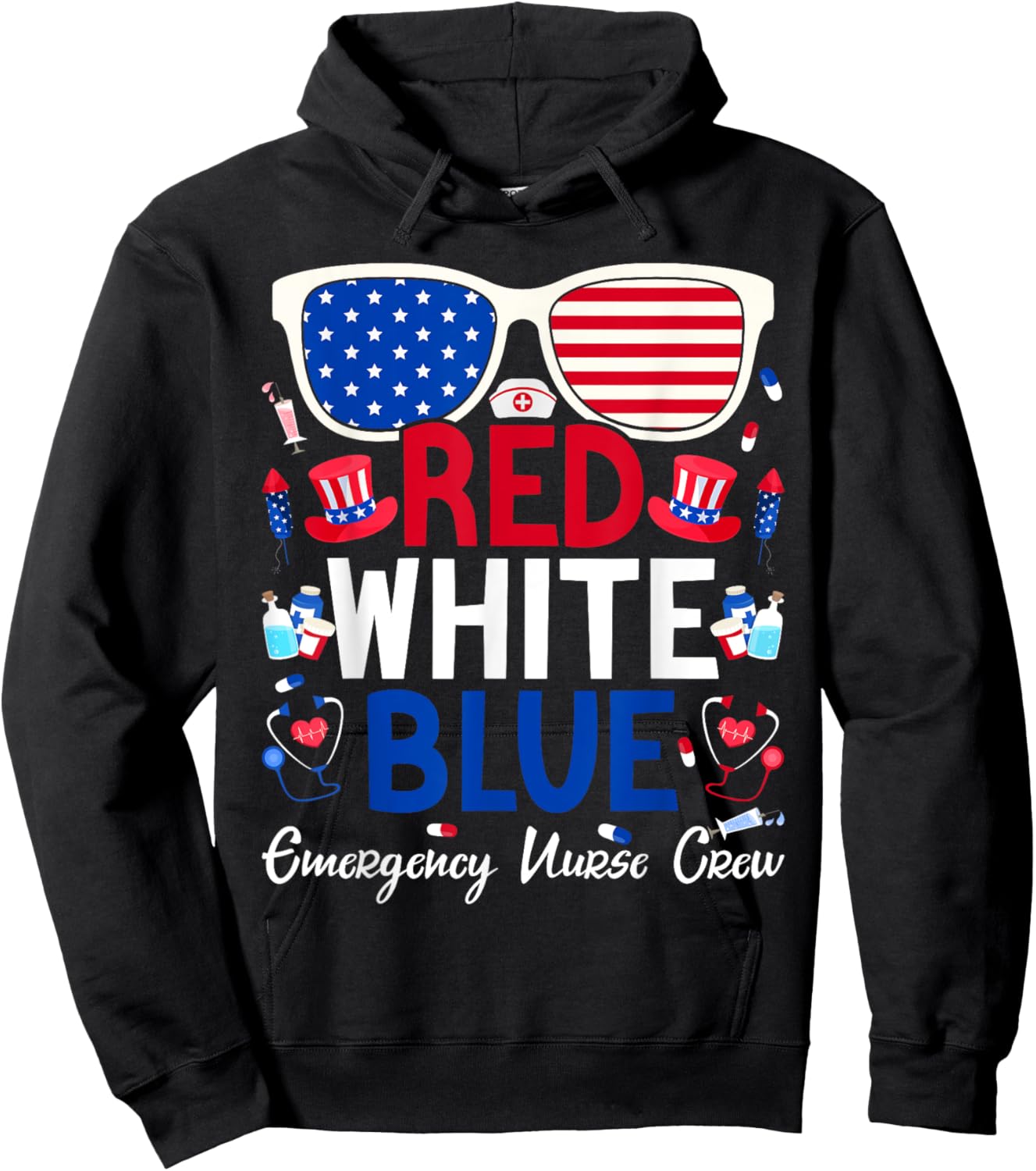 Nurse July 4th Red White Blue Emergency Nurse Crew Patriotic Men Hoodie - Hoodie | Black