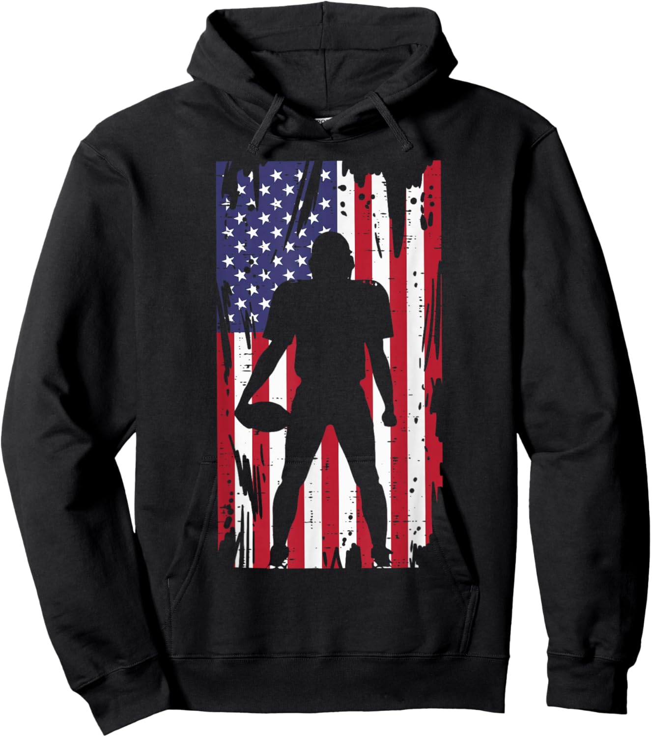 US Flag American Football Player Silhouette Vintage Patriot Hoodie - Hoodie | Black