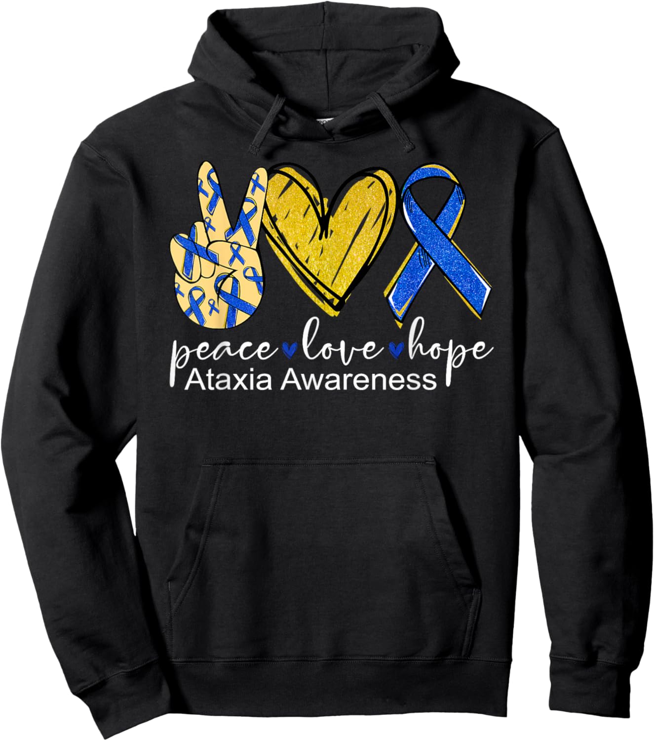 Peace Love Hope Ataxia Awareness Shirt Blue Ribbon Hoodie - Hoodie | Black